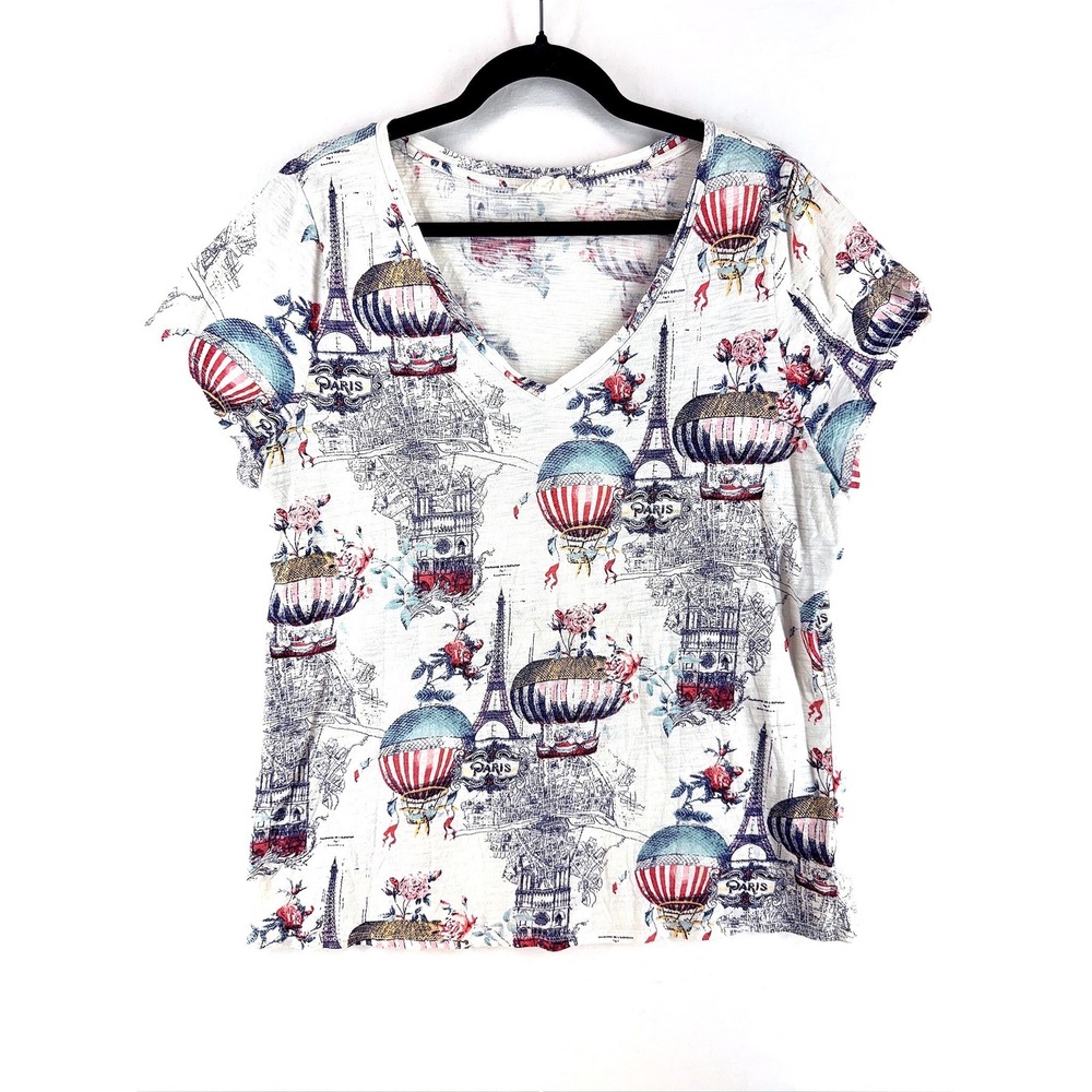 Maison Jules 2X Paris Eiffel Tower Air Balloon Floral V Neck Parisian Chic Tee